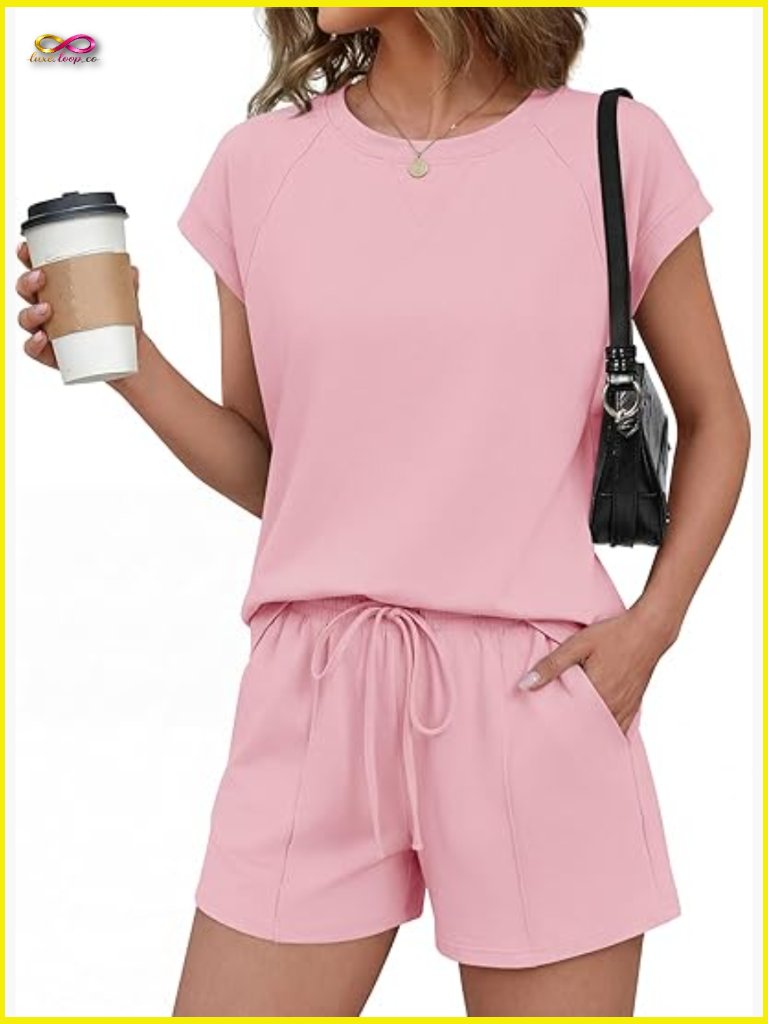 Cotton Two Piece Short Set Crew Neck Cap Sleeve Vacation Outfit With Pocket